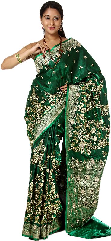 Cadmium-Green Banarasi Sari with Woven Paisleys and Embroidered Beads by Hand