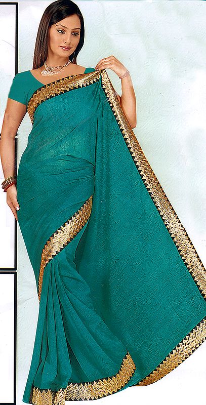 Cadmium-Green Printed Sari with Golden Embroidered Patch Border