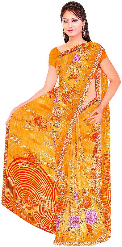 Cadmium-Orange Sari with Large Printed Flowers and Crewel Embroidery