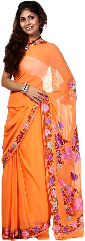 Camellia-Orange Sari from Kashmir with Aari Embroidered Flowers All-Over