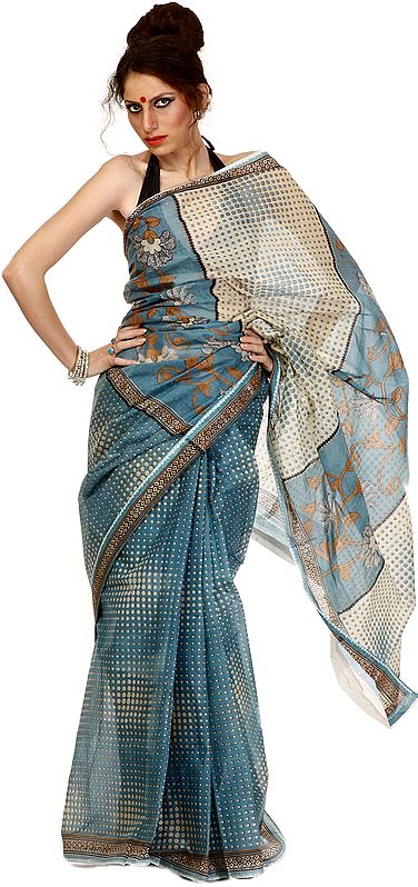 Cameo-Blue Sari with printed Polka Dots and Flowers