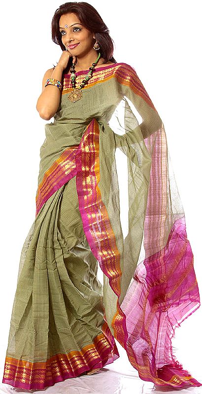 Camouflage-Green Handwoven Gadwal Sari with Zari on Border and Anchal