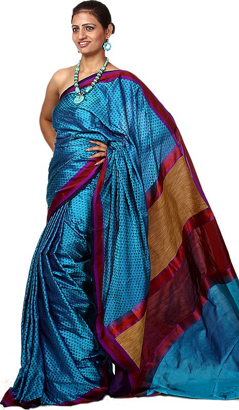 Caneel-Blue Banarasi Sari With All-Over Hand-woven Triangles and Jute Weave on Amchal