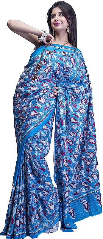 Capri Breeze-Blue Sari with Kantha Stitched Embroidered Flowers All-Over