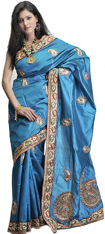 Capri-Breeze Handloom Sari from Banaras with Zardozi Embroidered Paisleys