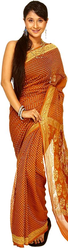 Caramel-Brown Banarasi Sari with All-Over Woven Bootis by Hand
