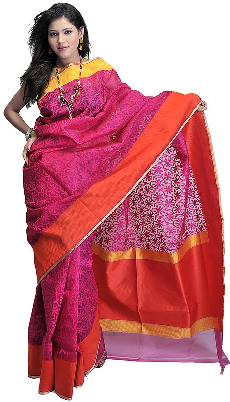 Carmine Handloom Sari from Banaras with Woven Flowers in Self and Wide Scarlet Border