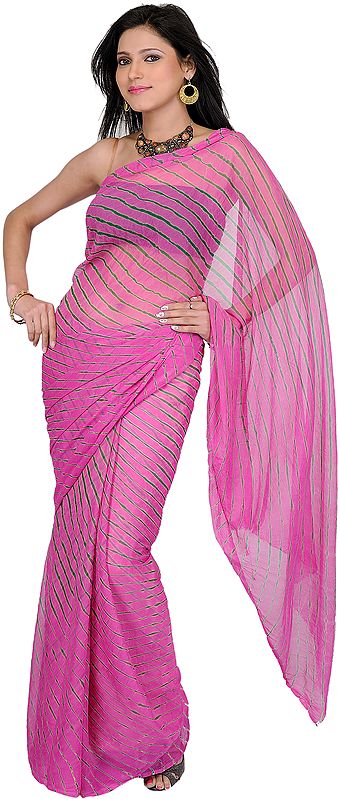 Carmine-Rose Printed Leheria Sari from Rajasthan
