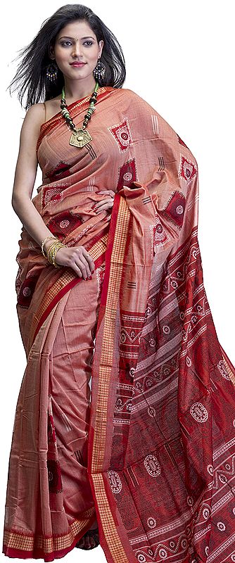 Carnelian Bomkai Sari from Orissa with Dense Weave on Anchal and All-Over Bootis