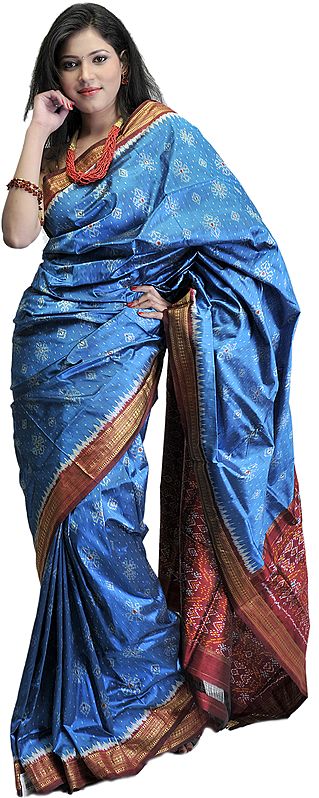 Carribean-Blue and Burgundy Ikat Sari Hand-Woven in Pochampally with Brocaded Border