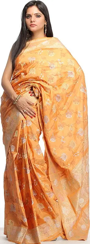 Hand-woven Metallic-Gold Jamdani Sari with All-Over Brocade Weave