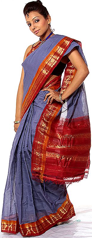 Ceil-Blue Handwoven Gadwal Sari with Zari on Border and Anchal