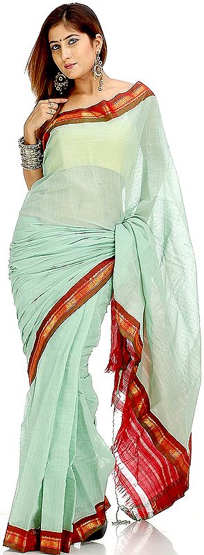 Celadon Green Handwoven Gadwal Sari with Real Zari on Border
