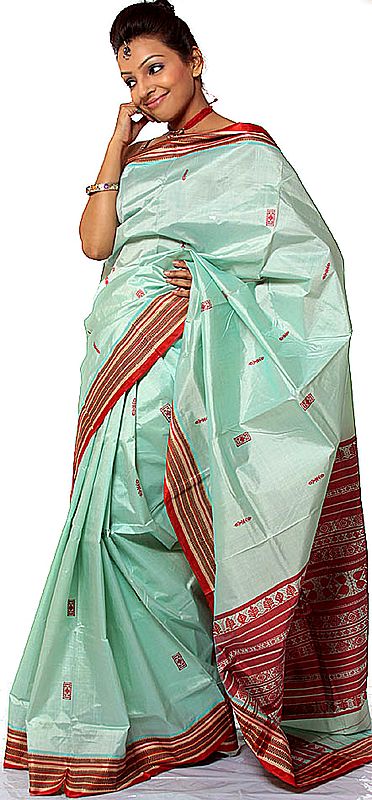 Celadon-Green Hand-woven Garad Sari from Bengal