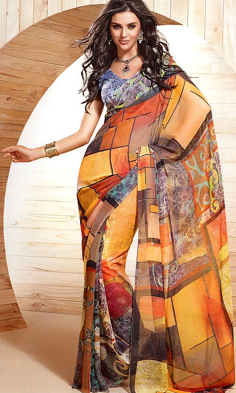 Celebry-Yellow Designer Sari with Geometric Print