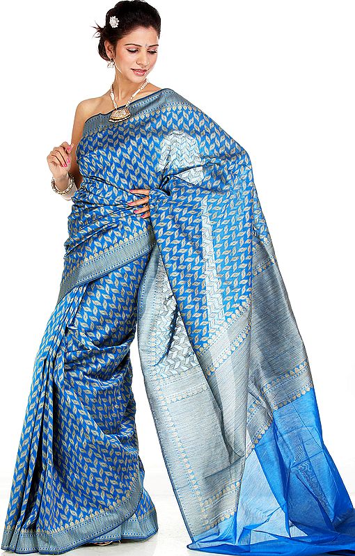 Celestial-Blue Banarasi Sari with All-Over Thread Weave