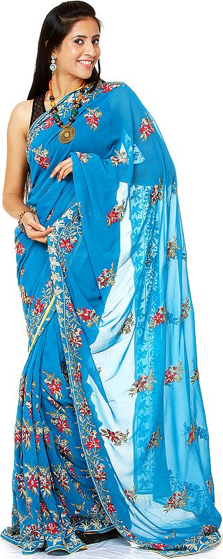 Celestial-Blue Sari with Aari Embroidered Flowers All-Over