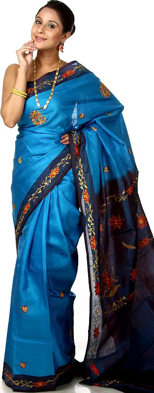 Cendre-Blue Banarasi Sari from Bangalore with Embroidered Paisleys and Floral Embroidered Border