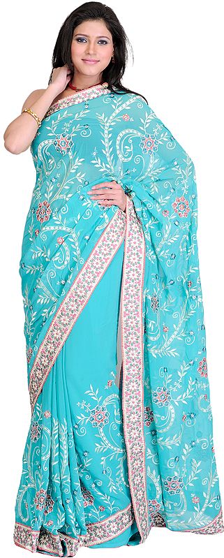 Ceramic-Blue Sari with Aari-Embroidery All-Over and Crystals