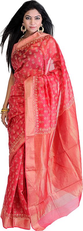 Cerise Chanderi Sari with Block-Printed Flowers and Golden Thread Weave