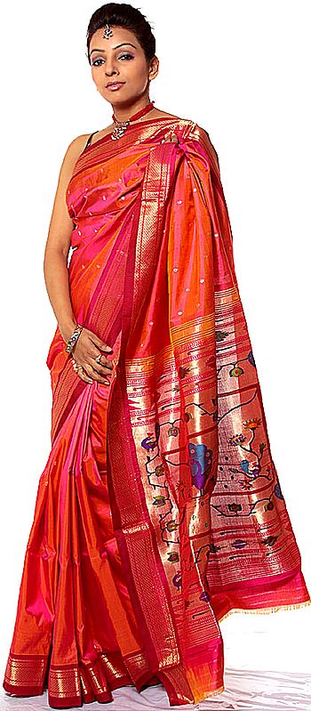 Cerise Paithani Sari with Hand-woven Peacocks and Flowers on Anchal in Zari Thread