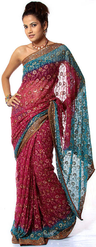 Cerulean and Magenta Bridal Sari with All-Over Embroidery and Sequins
