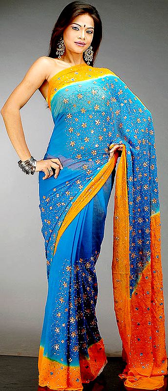 Cerulean and Orange Sari with All-Over Mirrors