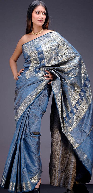 Cerulean Banarasi Sari with Tanchoi Weave