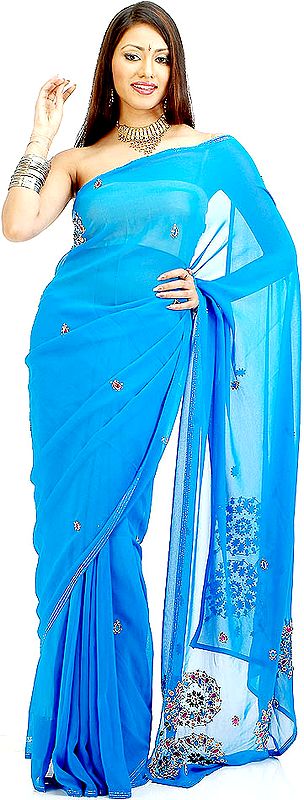 Cerulean Blue Sari with Cut Glass Work