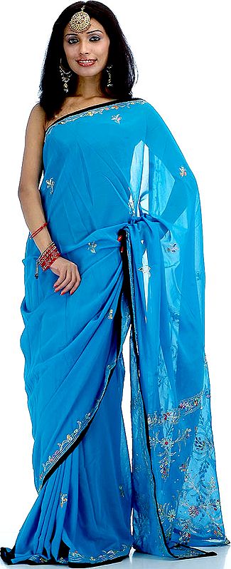 Cerulean Blue Sari with Floral Embroidered and Sequins
