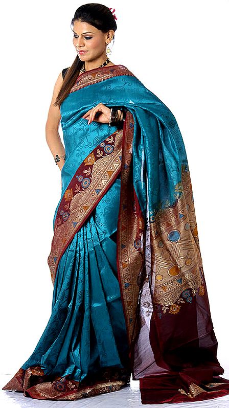 Cerulean Designer Sari from Banaras with Brocade Anchal and Self Design