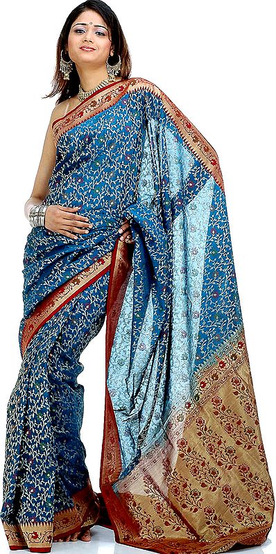 Cerulean Jamdani Tanchoi Sari with All-Over Dense Floral Weave