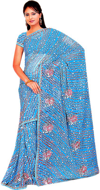 Cerulean Sari with Printed Polka Dots and Embroidered Flowers