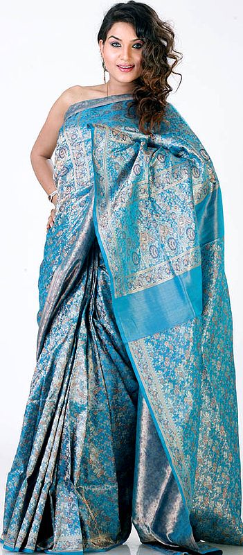 Cerulean Satin Tanchoi Sari with All-Over Brocaded Flowers
