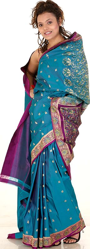 Cerulean Satin Valkalam Sari with All-Over Bootis and Brocaded Border