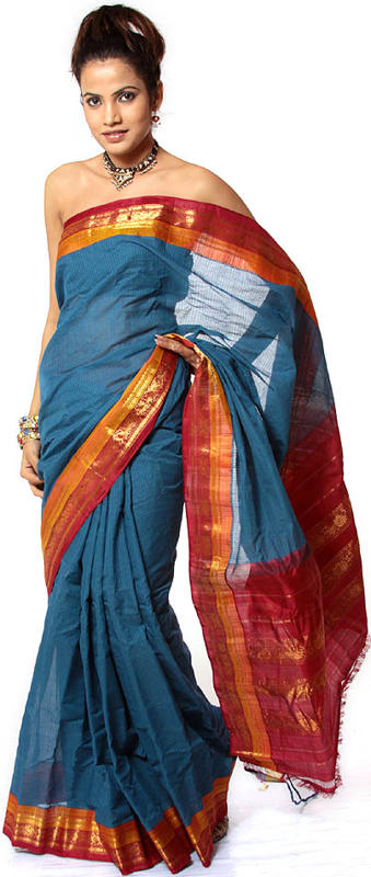 Cerulean-Blue Handwoven Gadwal Sari with Zari on Border and Anchal