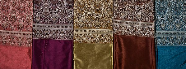 Lot of Five Plain Banarasi Saris with Weave on Border and Pallu
