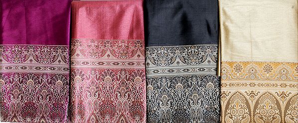 Lot of Four Plain Banarasi Saris with Weave on Border and Pallu