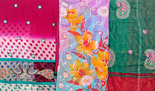 Lot of Three Printed Saris with Aari Embroidery