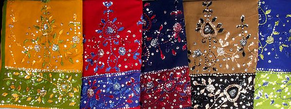 Lot of Five Saris with Sequins and Embroidery