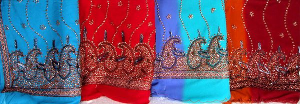 Lot of Four Saris with Sequins and Gota Border