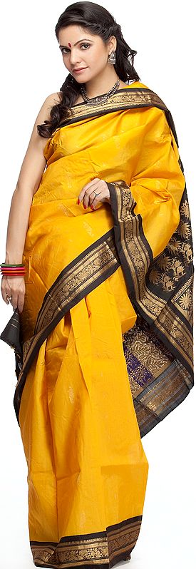 Golden and Black Gadwal Sari with Floral Zari Weave on Anchal and Border