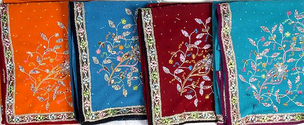 Lot of Four Saris with Beadwork and Gota Border