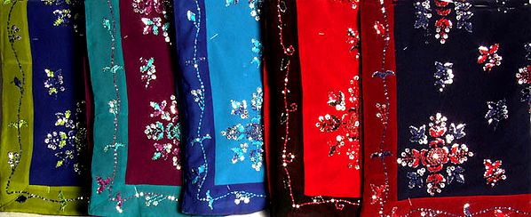 Lot of Five Double-Colored Saris with Sequins and Embroidery