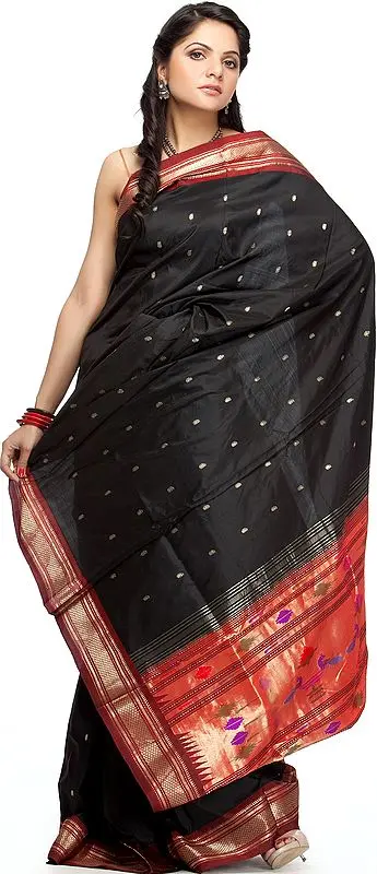 Handwoven Black Paithani Sari with Zari Pallu