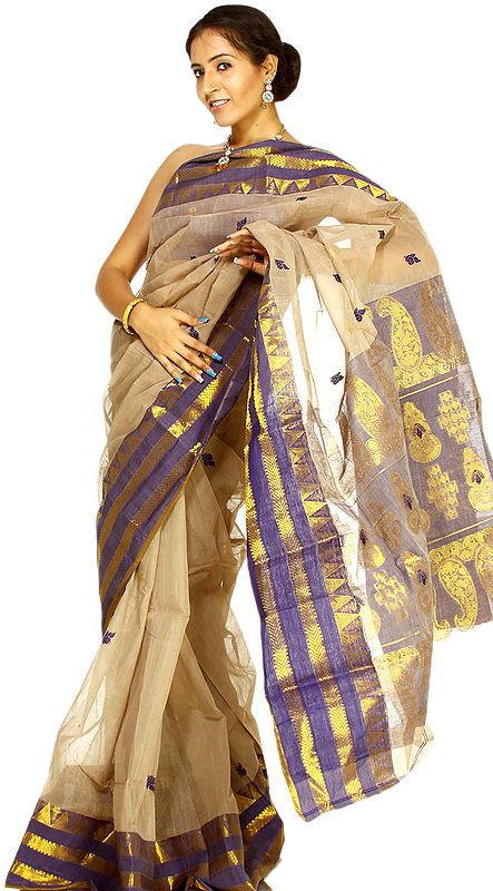 Chateau Gray Handwoven Tangail Sari with All-Over Woven Bootis and Golden Border