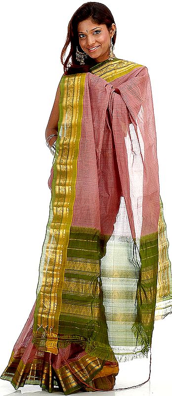 Chestnut and Olive Handwoven Gadwal Sari with Real Zari