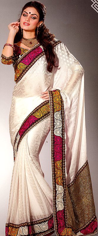 Chic-White Designer Sari with Self weave Embroidered Aanchal and Patch Border