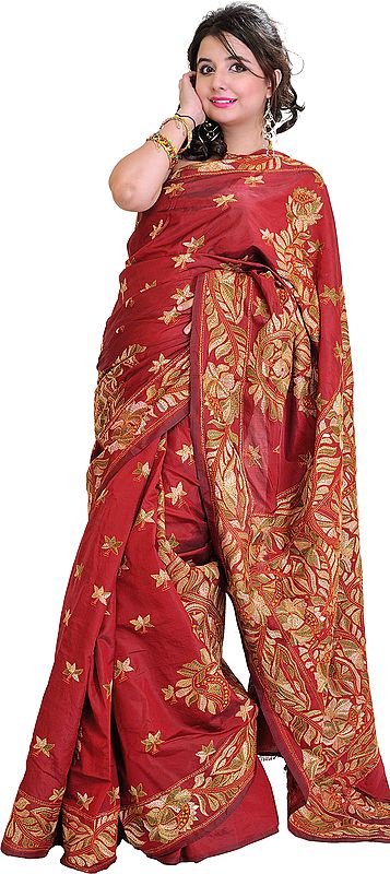 Chilli Pepper-Red Sari from Bengal with Kantha Stitched Embroidered Flowers All-Over