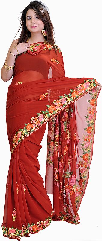 Chilli-Pepper Red Sari from Kashmir with Aari Embroidery on Border and Aanchal